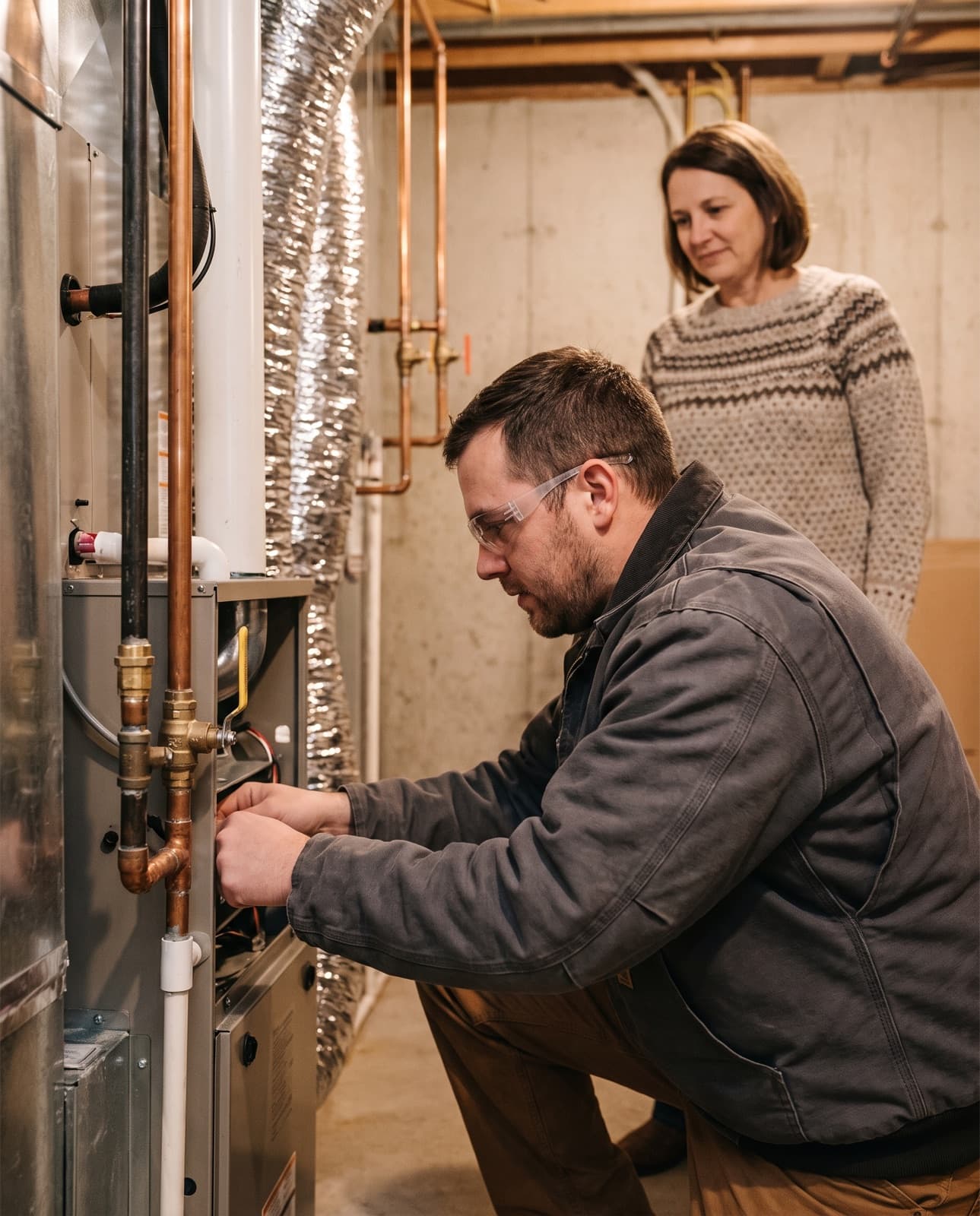 An HVAC technician installing a new high-efficiency gas furnace in a Kentucky home's basement while the homeowner looks on