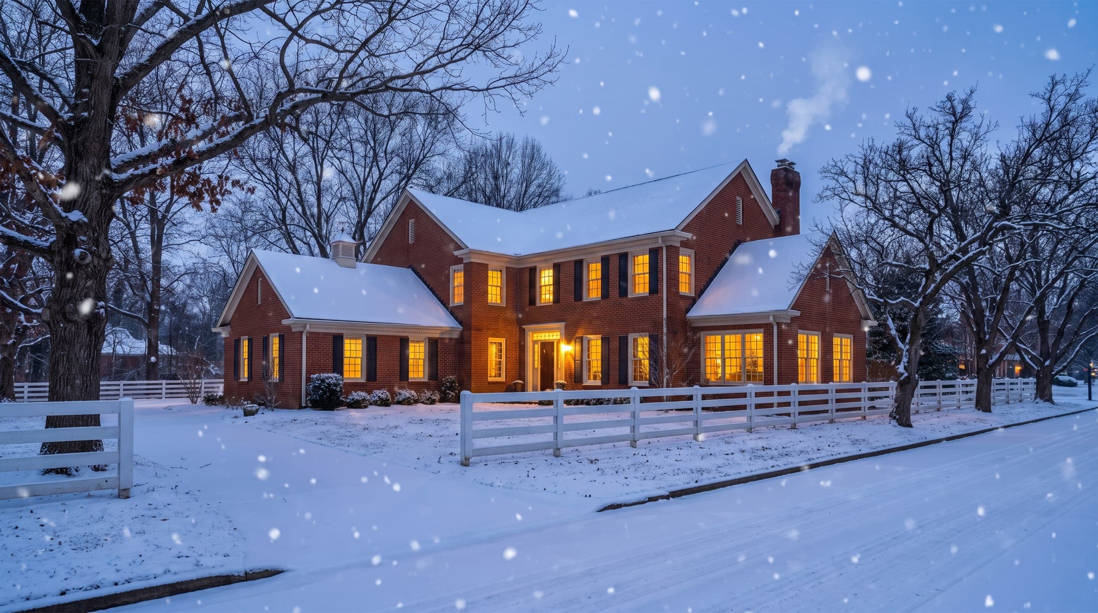 A red-brick Kentucky home glowing with warm window light on a snowy winter evening, with a white plank fence in front